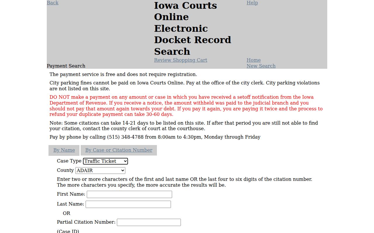 Winnebago County court case payment search fields