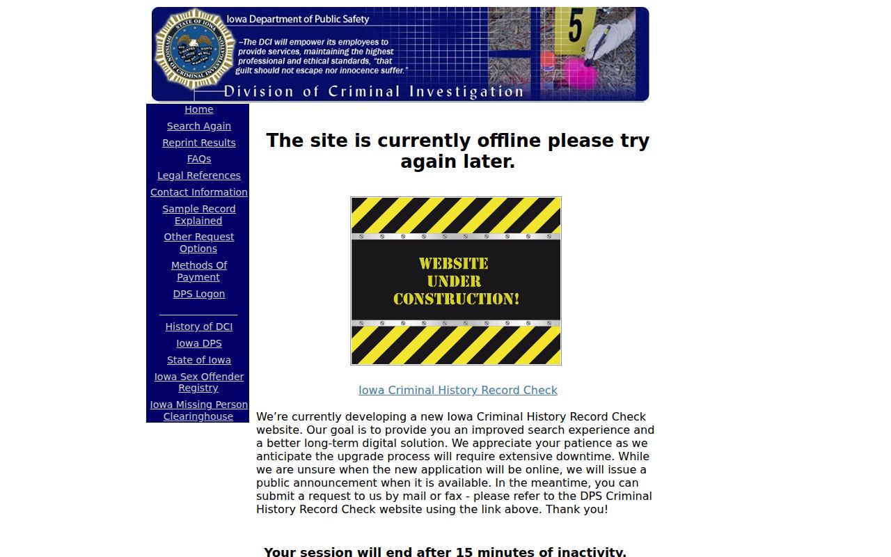 Iowa DCI criminal history record check search interface used for Winnebago County records